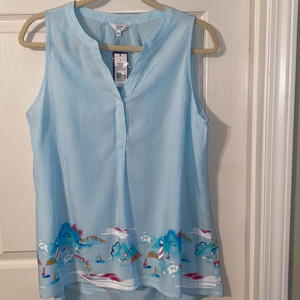 Crown & Ivy Sleeveless Blouse Scenic Harbor Island II Signature Group Size L NEW